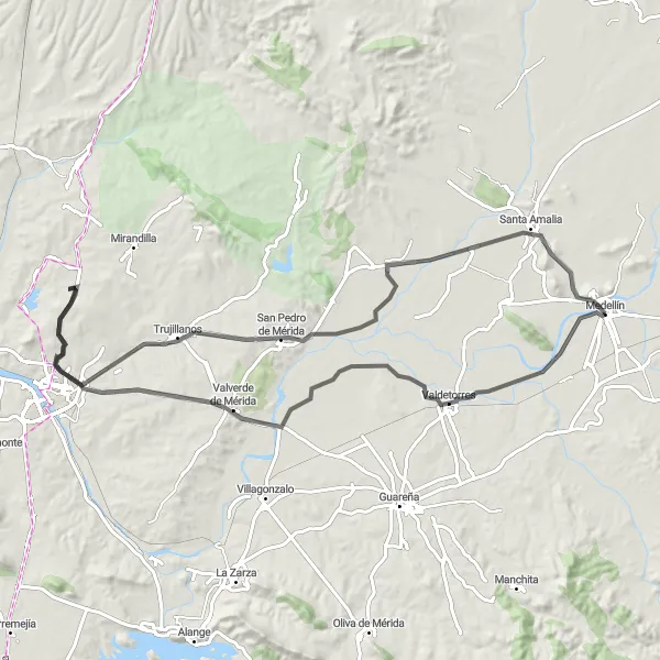 Miniatua del mapa de inspiración ciclista "Ruta de Ciclismo en Carretera desde Medellín a Valdetorres y Trujillanos" en Extremadura, Spain. Generado por Tarmacs.app planificador de rutas ciclistas