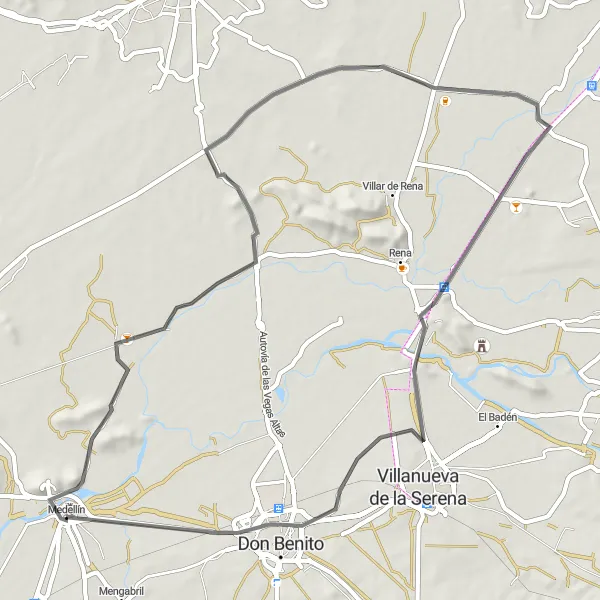 Miniatuurkaart van de fietsinspiratie "Road fietsroute naar Don Benito en Medellín" in Extremadura, Spain. Gemaakt door de Tarmacs.app fietsrouteplanner
