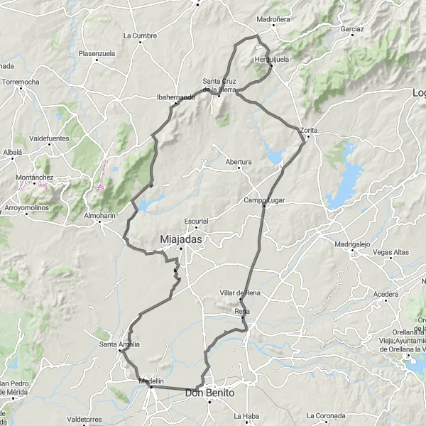 Map miniature of "Extreme Road Challenge" cycling inspiration in Extremadura, Spain. Generated by Tarmacs.app cycling route planner