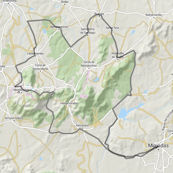 Miniatua del mapa de inspiración ciclista "Ruta de Carretera Panorámica hacia Miajadas" en Extremadura, Spain. Generado por Tarmacs.app planificador de rutas ciclistas
