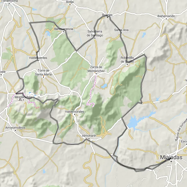 Miniatuurkaart van de fietsinspiratie "Ultieme racefietsuitdaging door Extremadura" in Extremadura, Spain. Gemaakt door de Tarmacs.app fietsrouteplanner