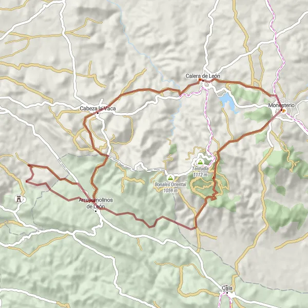 Miniatura mapy "Pętla cez Monesterio - Arroyomolinos de León - Cerro de la Fontanilla - Cabeza la Vaca - Calera de León" - trasy rowerowej w Extremadura, Spain. Wygenerowane przez planer tras rowerowych Tarmacs.app
