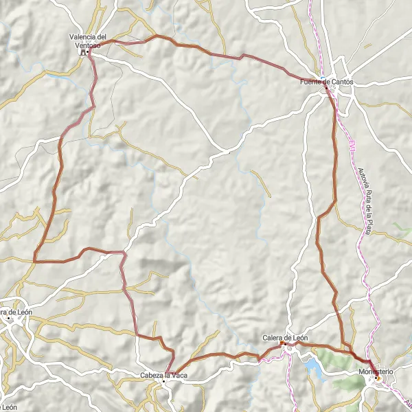 Miniatura mapy "Pętla cez Monesterio - Calera de León - Cabeza la Vaca - Castillo de Valencia del Ventoso - Fuente de Cantos" - trasy rowerowej w Extremadura, Spain. Wygenerowane przez planer tras rowerowych Tarmacs.app