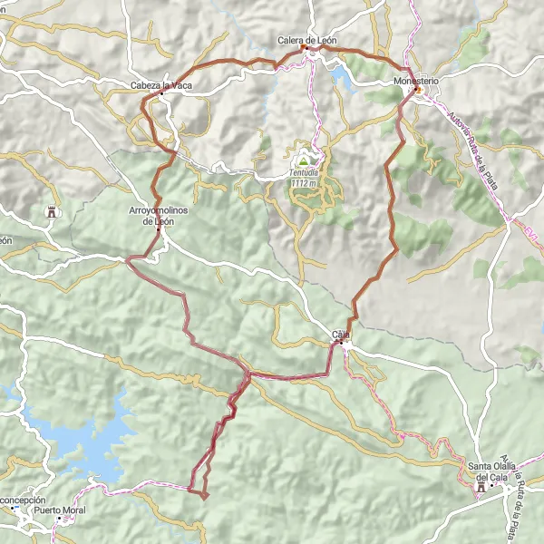 Miniatura mapy "Przeżyj ekscytującą przygodę na rowerze gravelowym w pobliżu Monesterio" - trasy rowerowej w Extremadura, Spain. Wygenerowane przez planer tras rowerowych Tarmacs.app