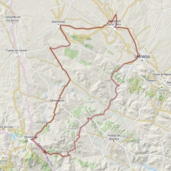 Map miniature of "Monesterio to Montemolín" cycling inspiration in Extremadura, Spain. Generated by Tarmacs.app cycling route planner