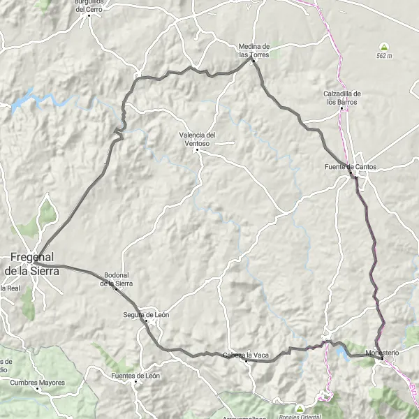 Miniatuurkaart van de fietsinspiratie "Monesterio-1445-ascent_m-111-distance_km-road" in Extremadura, Spain. Gemaakt door de Tarmacs.app fietsrouteplanner