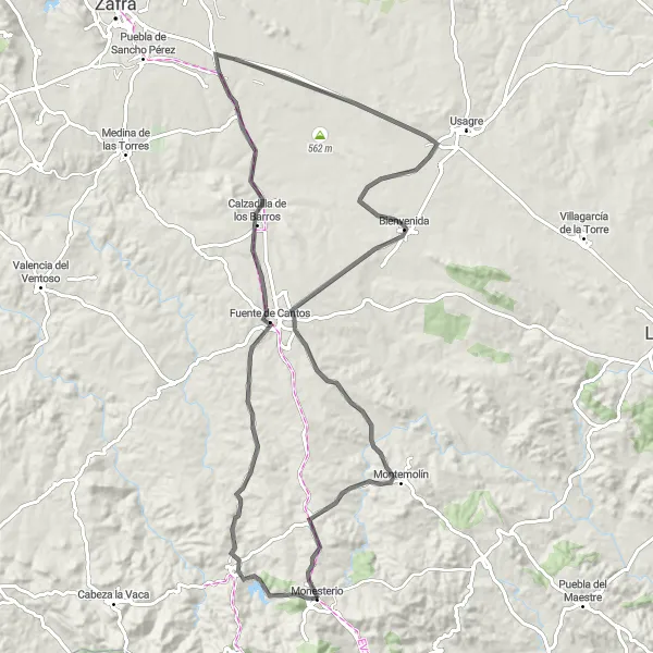Miniatura mapy "Jedź na rowerze szosowym po górskich drogach niedaleko Monesterio" - trasy rowerowej w Extremadura, Spain. Wygenerowane przez planer tras rowerowych Tarmacs.app
