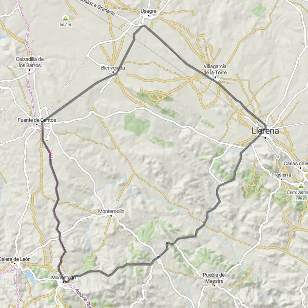 Miniatuurkaart van de fietsinspiratie "Ontdek de schoonheid van Monesterio op de weg" in Extremadura, Spain. Gemaakt door de Tarmacs.app fietsrouteplanner