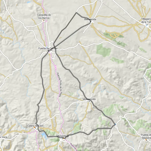 Miniatura mapy "Trasa szosowa: Monesterio - Calera de León - Fuente de Cantos - Bienvenida - Montemolín" - trasy rowerowej w Extremadura, Spain. Wygenerowane przez planer tras rowerowych Tarmacs.app