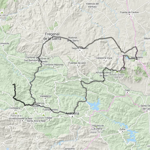 Miniatura mapy "Podróżuj rowerem szosowym po malowniczych drogach w okolicach Monesterio" - trasy rowerowej w Extremadura, Spain. Wygenerowane przez planer tras rowerowych Tarmacs.app