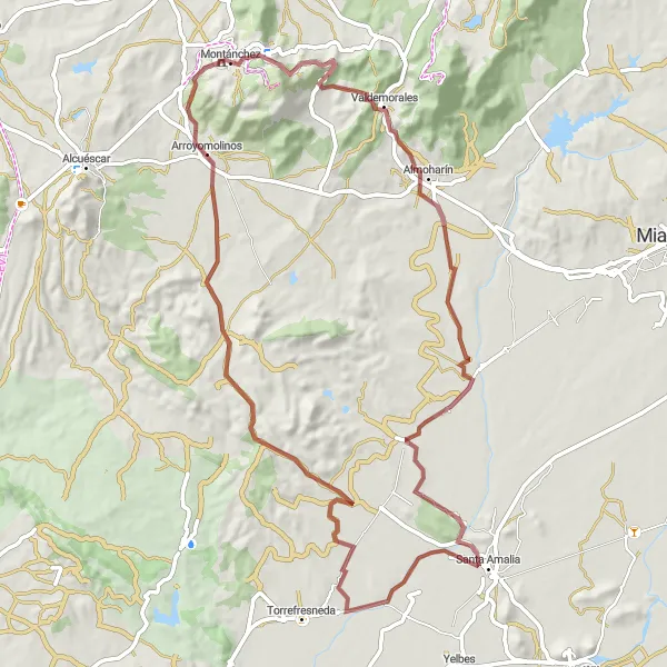 Miniatua del mapa de inspiración ciclista "Ruta de Valdemorales a Arroyomolinos" en Extremadura, Spain. Generado por Tarmacs.app planificador de rutas ciclistas