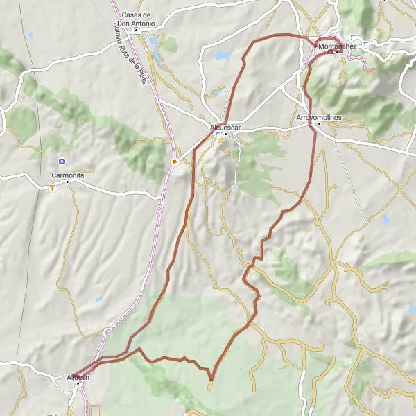 Miniatua del mapa de inspiración ciclista "Ruta de Montánchez a Alcuéscar" en Extremadura, Spain. Generado por Tarmacs.app planificador de rutas ciclistas