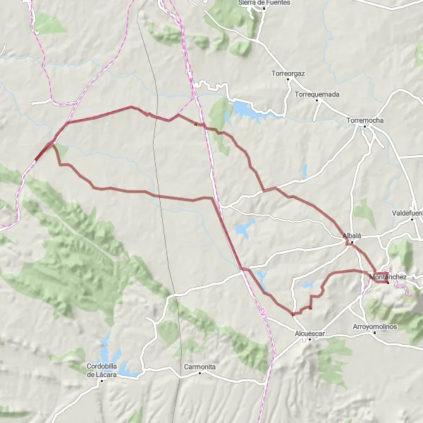 Miniatua del mapa de inspiración ciclista "Ruta de Montánchez a Castillo de Montánchez" en Extremadura, Spain. Generado por Tarmacs.app planificador de rutas ciclistas
