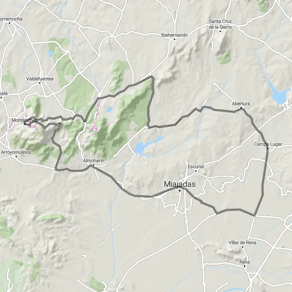 Miniatuurkaart van de fietsinspiratie "The Montánchez Loop" in Extremadura, Spain. Gemaakt door de Tarmacs.app fietsrouteplanner