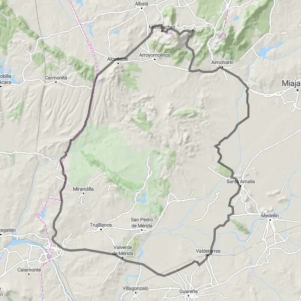 Miniatuurkaart van de fietsinspiratie "Avontuurlijke tocht van Montánchez naar Alcuéscar" in Extremadura, Spain. Gemaakt door de Tarmacs.app fietsrouteplanner