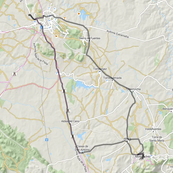 Map miniature of "Road route from Montánchez to Cáceres" cycling inspiration in Extremadura, Spain. Generated by Tarmacs.app cycling route planner