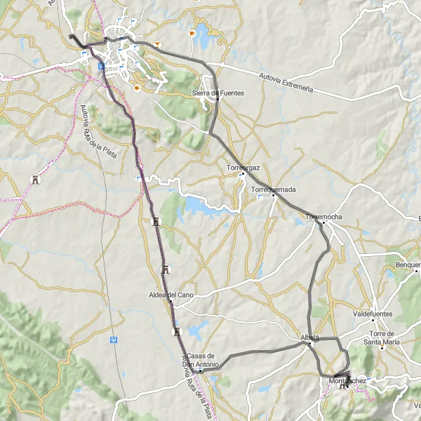 Miniatuurkaart van de fietsinspiratie "Roadtrip naar Cáceres" in Extremadura, Spain. Gemaakt door de Tarmacs.app fietsrouteplanner