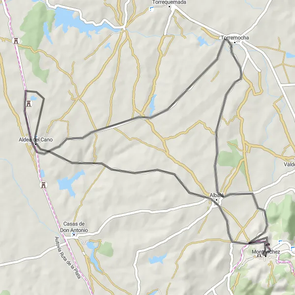 Map miniature of "Road route from Montánchez to Torremocha" cycling inspiration in Extremadura, Spain. Generated by Tarmacs.app cycling route planner