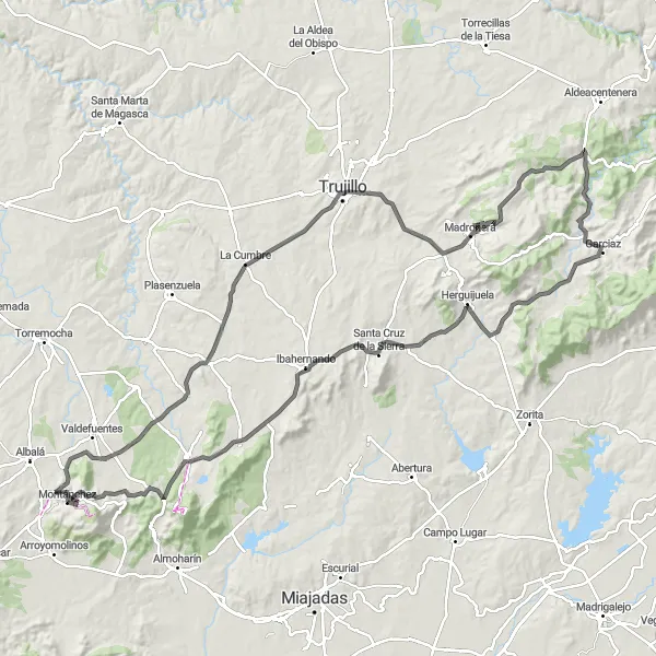 Miniatua del mapa de inspiración ciclista "Ruta de Montánchez a Trujillo" en Extremadura, Spain. Generado por Tarmacs.app planificador de rutas ciclistas