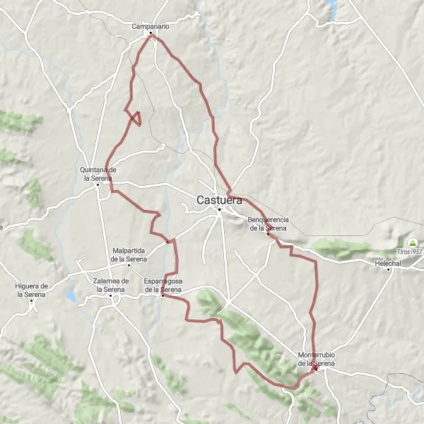Miniatua del mapa de inspiración ciclista "Ruta de Grava por Campanario y Benquerencia" en Extremadura, Spain. Generado por Tarmacs.app planificador de rutas ciclistas