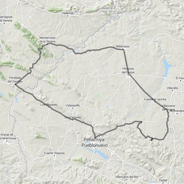 Miniatua del mapa de inspiración ciclista "Ruta en Carretera de Los Blázquez" en Extremadura, Spain. Generado por Tarmacs.app planificador de rutas ciclistas