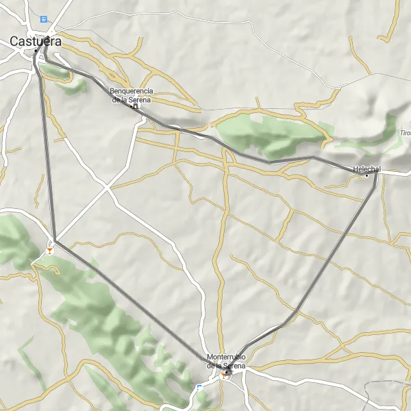 Miniatua del mapa de inspiración ciclista "Ruta en Carretera hacia Castuera" en Extremadura, Spain. Generado por Tarmacs.app planificador de rutas ciclistas