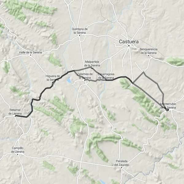 Miniatua del mapa de inspiración ciclista "Ruta de los Pueblos de la Serena" en Extremadura, Spain. Generado por Tarmacs.app planificador de rutas ciclistas