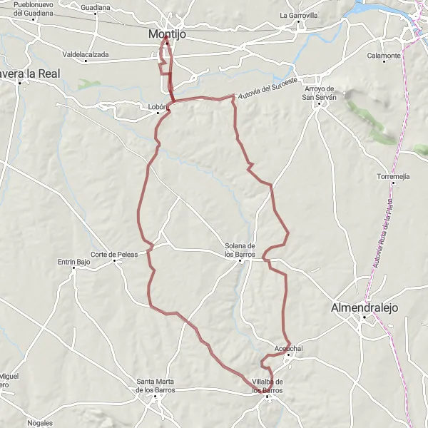 Miniatura mapy "Szutrowa trasą z Montijo do Puebli de la Calzada" - trasy rowerowej w Extremadura, Spain. Wygenerowane przez planer tras rowerowych Tarmacs.app