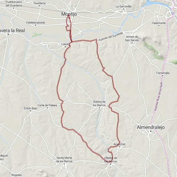 Miniatuurkaart van de fietsinspiratie "Gravelroute van Montijo naar Puebla de la Calzada en terug" in Extremadura, Spain. Gemaakt door de Tarmacs.app fietsrouteplanner