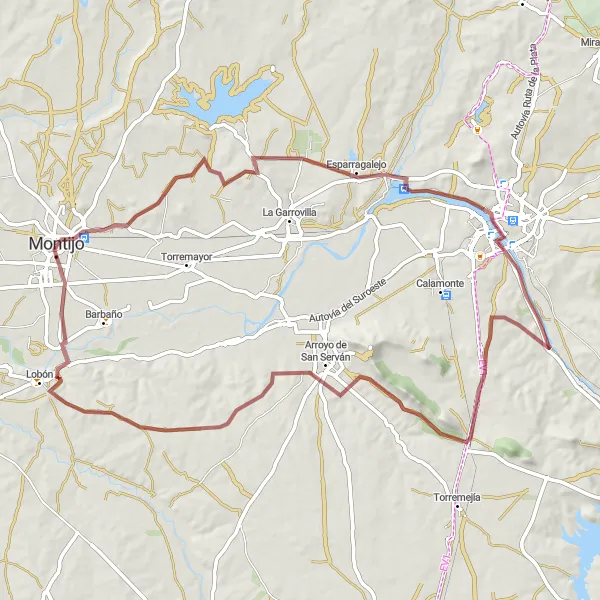 Map miniature of "The Lobón Gravel Loop" cycling inspiration in Extremadura, Spain. Generated by Tarmacs.app cycling route planner