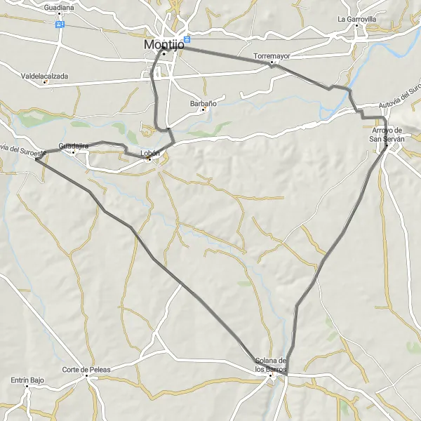 Miniatua del mapa de inspiración ciclista "Ruta de los Barros" en Extremadura, Spain. Generado por Tarmacs.app planificador de rutas ciclistas