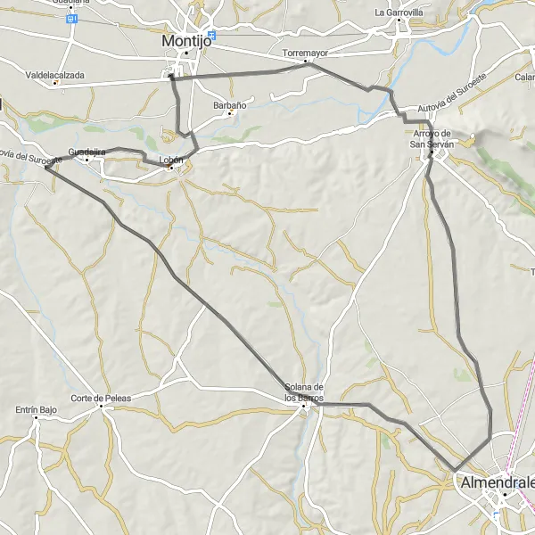 Miniatua del mapa de inspiración ciclista "Ruta de Carretera Puebla de la Calzada" en Extremadura, Spain. Generado por Tarmacs.app planificador de rutas ciclistas