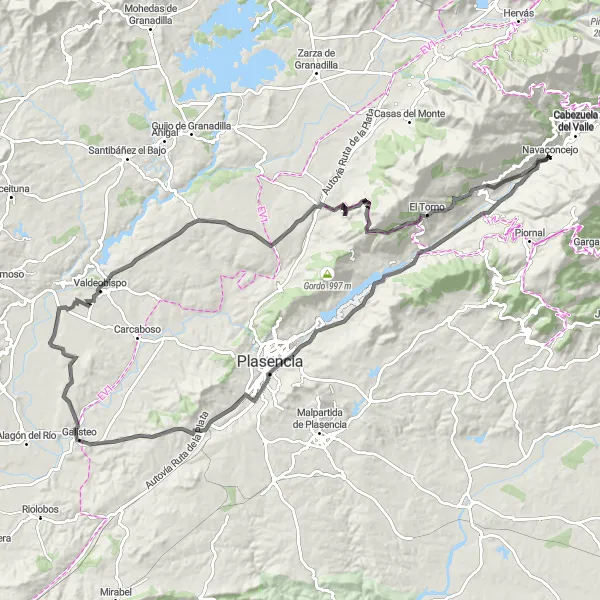 Map miniature of "Rural Retreat" cycling inspiration in Extremadura, Spain. Generated by Tarmacs.app cycling route planner