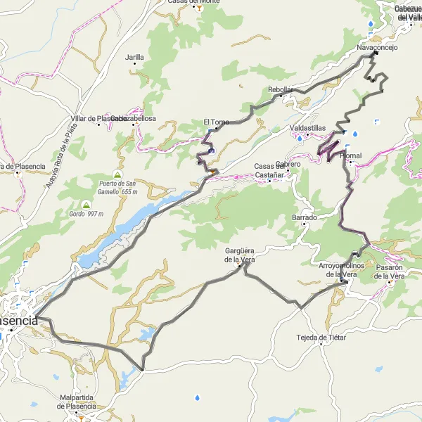 Miniatura mapy "Trasa rowerowa z Navaconcejo" - trasy rowerowej w Extremadura, Spain. Wygenerowane przez planer tras rowerowych Tarmacs.app