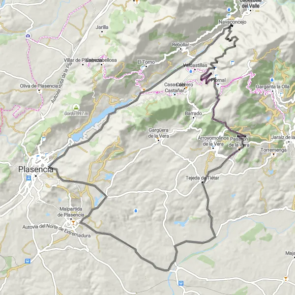 Miniatuurkaart van de fietsinspiratie "Fietsroute door Navaconcejo en omgeving" in Extremadura, Spain. Gemaakt door de Tarmacs.app fietsrouteplanner