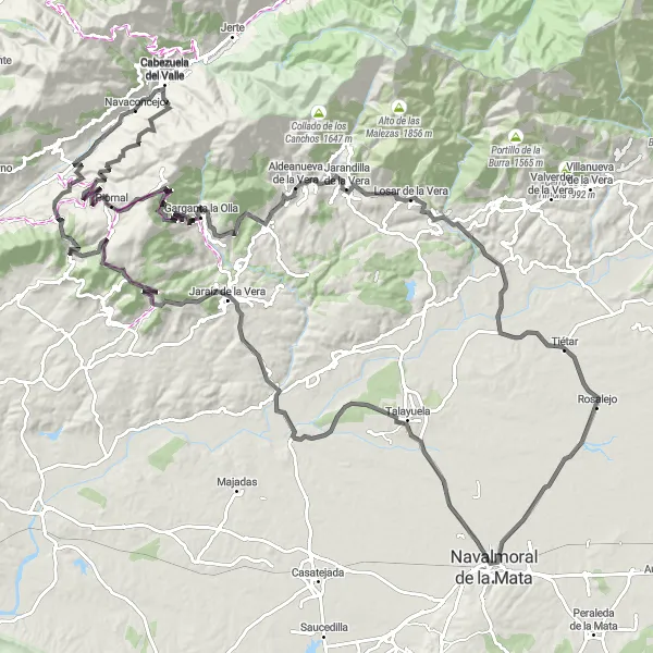 Miniatuurkaart van de fietsinspiratie "De uitdaging van de Sierra de Gredos (weg)" in Extremadura, Spain. Gemaakt door de Tarmacs.app fietsrouteplanner