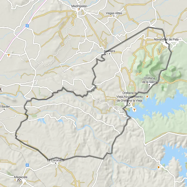 Miniatua del mapa de inspiración ciclista "Ruta circular de Navalvillar de Pela a Orellana la Vieja" en Extremadura, Spain. Generado por Tarmacs.app planificador de rutas ciclistas