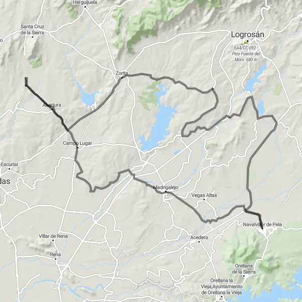 Miniatua del mapa de inspiración ciclista "Ruta desde Navalvillar de Pela hasta Navalvillar de Pela" en Extremadura, Spain. Generado por Tarmacs.app planificador de rutas ciclistas