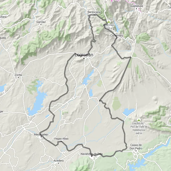 Miniatua del mapa de inspiración ciclista "Ruta por carretera Navalvillar de Pela - Madrigalejo - Berzocana" en Extremadura, Spain. Generado por Tarmacs.app planificador de rutas ciclistas