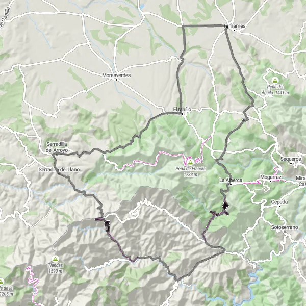 Miniatuurkaart van de fietsinspiratie "Wegfiets Route door Puebla de Yeltes en La Alberca" in Extremadura, Spain. Gemaakt door de Tarmacs.app fietsrouteplanner