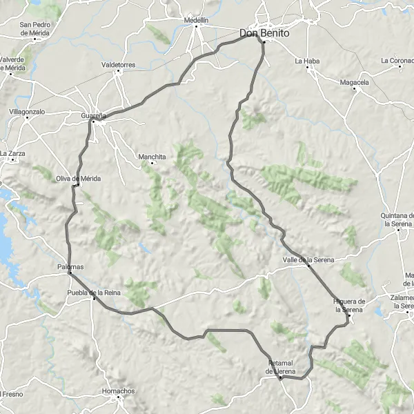 Map miniature of "Oliva-Guareña-Mengabril-Dolmen Sierra Gorda-Higuera de la Serena-Retamal de Llerena-Puebla de la Reina" cycling inspiration in Extremadura, Spain. Generated by Tarmacs.app cycling route planner