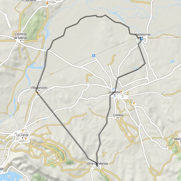 Miniatua del mapa de inspiración ciclista "Paseo en bicicleta por Oliva de Mérida y Guareña" en Extremadura, Spain. Generado por Tarmacs.app planificador de rutas ciclistas