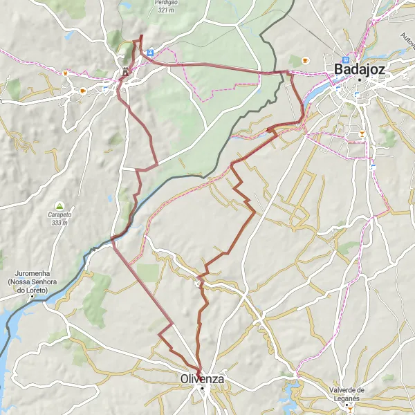 Miniatura mapy "Trasa Szlaków Szutrowych Olivenza-Cerro del Viento-Elvas-Forte da Graça-Puerta del Calvario" - trasy rowerowej w Extremadura, Spain. Wygenerowane przez planer tras rowerowych Tarmacs.app