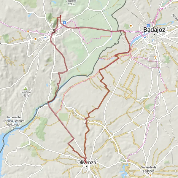 Map miniature of "Off the Beaten Path" cycling inspiration in Extremadura, Spain. Generated by Tarmacs.app cycling route planner