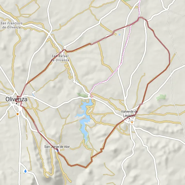 Miniatuurkaart van de fietsinspiratie "De Natuurlijke Schoonheid van Olivenza" in Extremadura, Spain. Gemaakt door de Tarmacs.app fietsrouteplanner