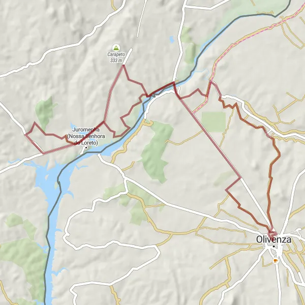 Miniatuurkaart van de fietsinspiratie "Gravelavontuur van Olivenza naar Puerta de los Ángeles" in Extremadura, Spain. Gemaakt door de Tarmacs.app fietsrouteplanner