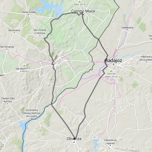 Miniatua del mapa de inspiración ciclista "Ruta a Elvas y Castillo de Olivenza en Bicicleta de Carretera" en Extremadura, Spain. Generado por Tarmacs.app planificador de rutas ciclistas