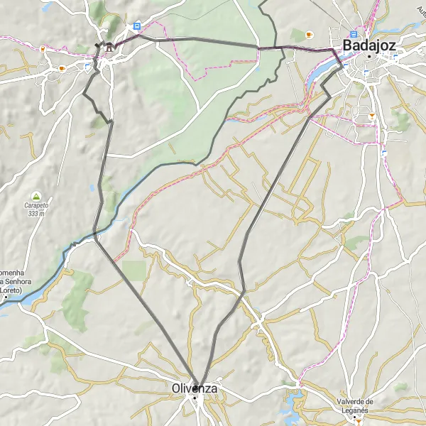 Miniatura mapy "Trasa Szlaków Drogowych Olivenza-Falcato-Forte da Graça-Paiol de Santa Bárbara-Valdepasillas-Castillo de Olivenza" - trasy rowerowej w Extremadura, Spain. Wygenerowane przez planer tras rowerowych Tarmacs.app