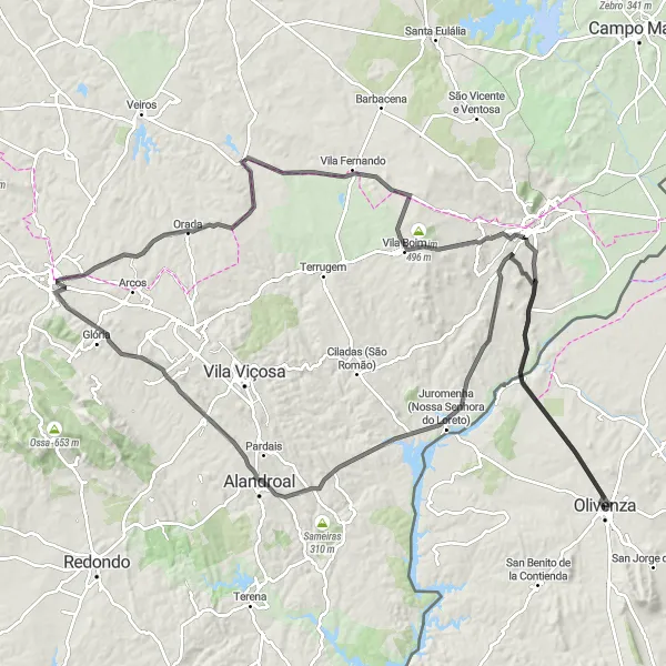 Miniatura mapy "Trasa przez Estremoz do Castillo de Olivenza" - trasy rowerowej w Extremadura, Spain. Wygenerowane przez planer tras rowerowych Tarmacs.app