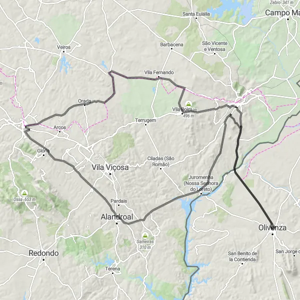 Miniatuurkaart van de fietsinspiratie "De Schilderachtige Schoonheid van Olivenza" in Extremadura, Spain. Gemaakt door de Tarmacs.app fietsrouteplanner